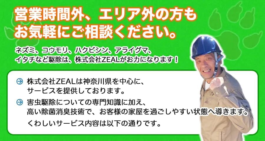 営業時間外、エリア外の方もお気軽にご相談ください。ネズミ、コウモリ、ハクビシン、アライグマ、イタチなど駆除は、株式会社ZEALがお力になります！株式会社ZEALは神奈川県を中心にサービスを提供しております。害虫駆除についての専門知識に加え、高い除菌消臭技術で、お客様の家屋を過ごしやすい状態へ導きます。