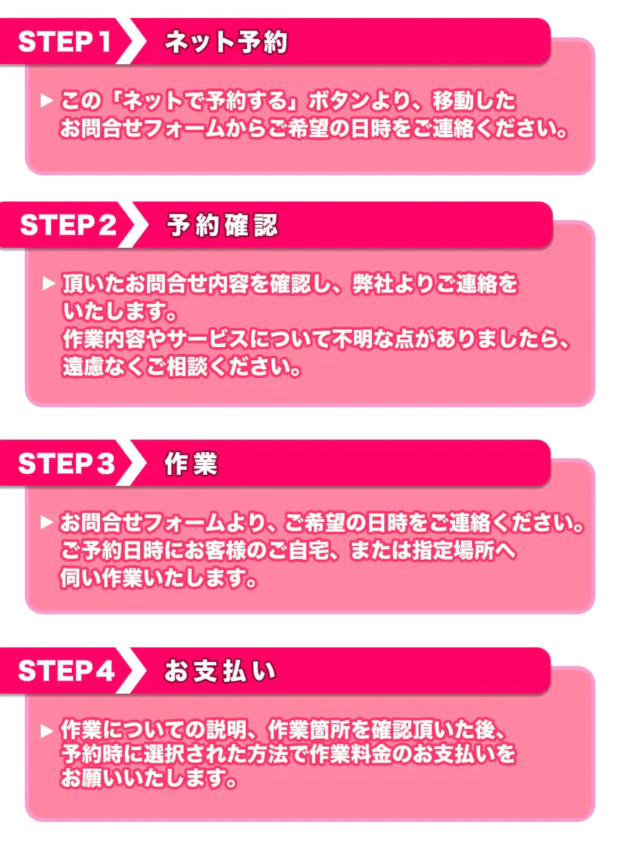 ネズミ駆除の作業までの流れ　【STEP1 ネット予約】この「ネットで予約する」ボタンより、移動したお問合せフォームからご希望の日時をご連絡ください。【STEP2 予約確認】頂いたお問合せ内容を確認し、 弊社よりご連絡をいたします。作業内容やサービスについて不明な点がありましたら、遠慮なくご相談ください。【STEP3 作業】お問合せフォームより、ご希望の日時をご連絡ください。ご予約日時にお客様のご自宅､または指定場所へ伺い作業いたします。【STEP4 お支払い】作業についての説明、作業箇所を確認頂いた後、予約時に選択された方法で作業料金のお支払いをお願いいたします。